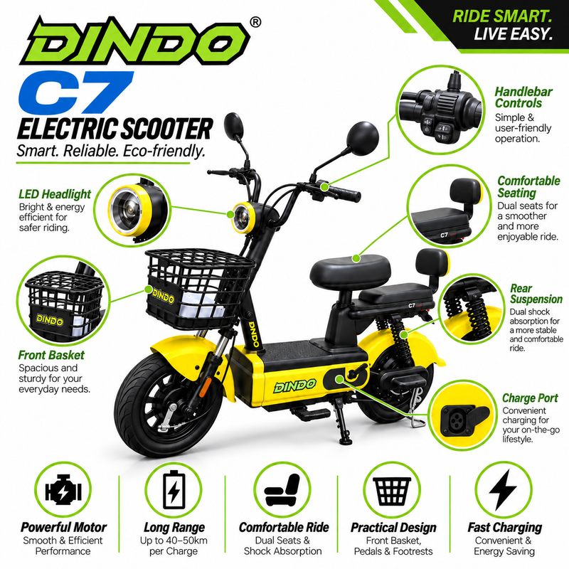 Dindo C7 Electric Scooter with Dual Seat & Front Basket – Yellow