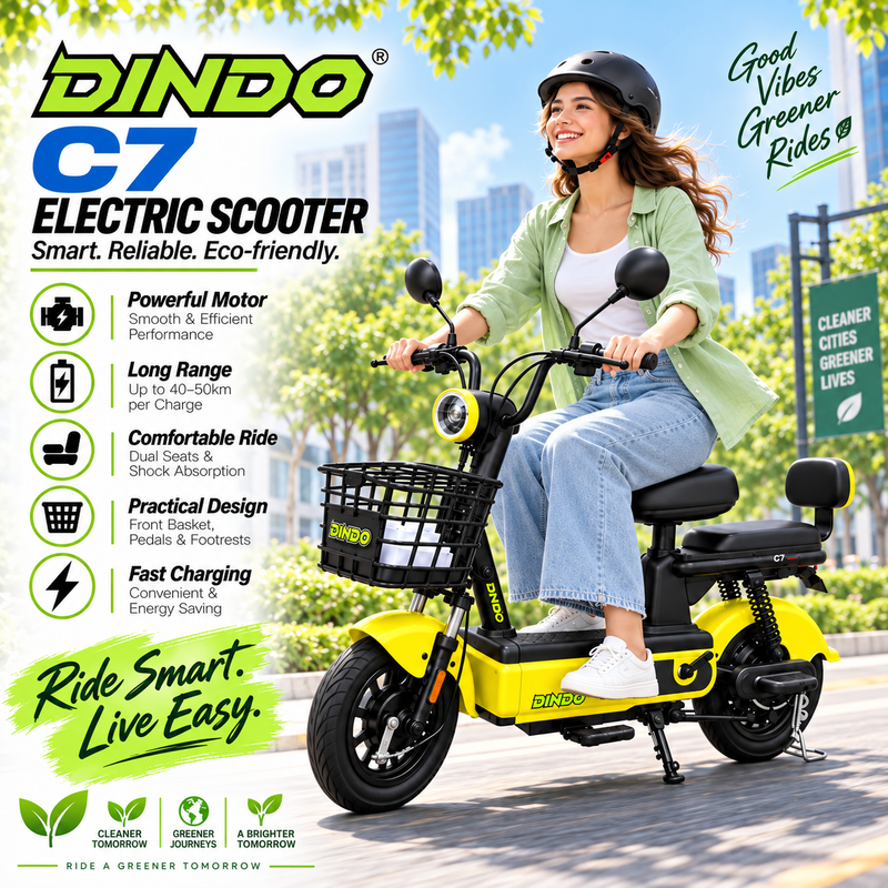 Dindo C7 Electric Scooter with Dual Seat & Front Basket – Yellow