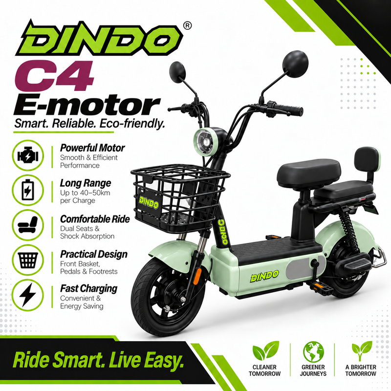 Dindo C4 Electric Motorbike with Dual Seat & Front Basket – Green
