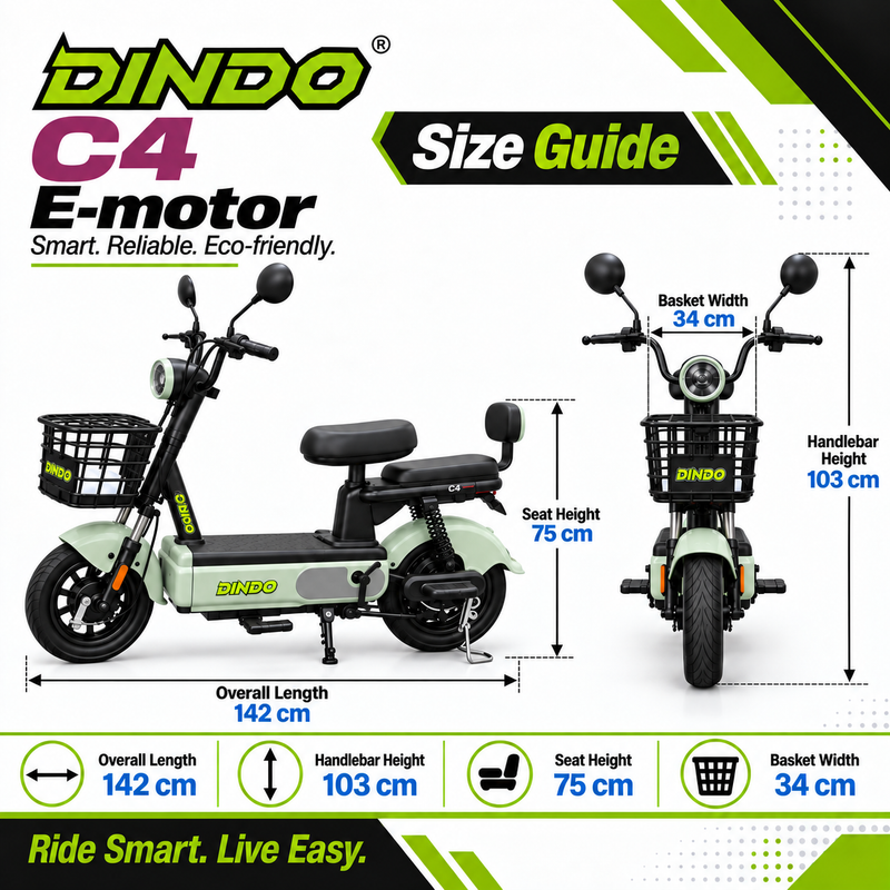 Dindo C4 Electric Motorbike with Dual Seat & Front Basket – Green