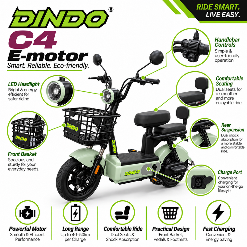 Dindo C4 Electric Motorbike with Dual Seat & Front Basket – Green
