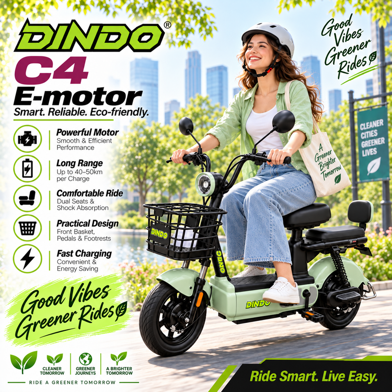 Dindo C4 Electric Motorbike with Dual Seat & Front Basket – Green