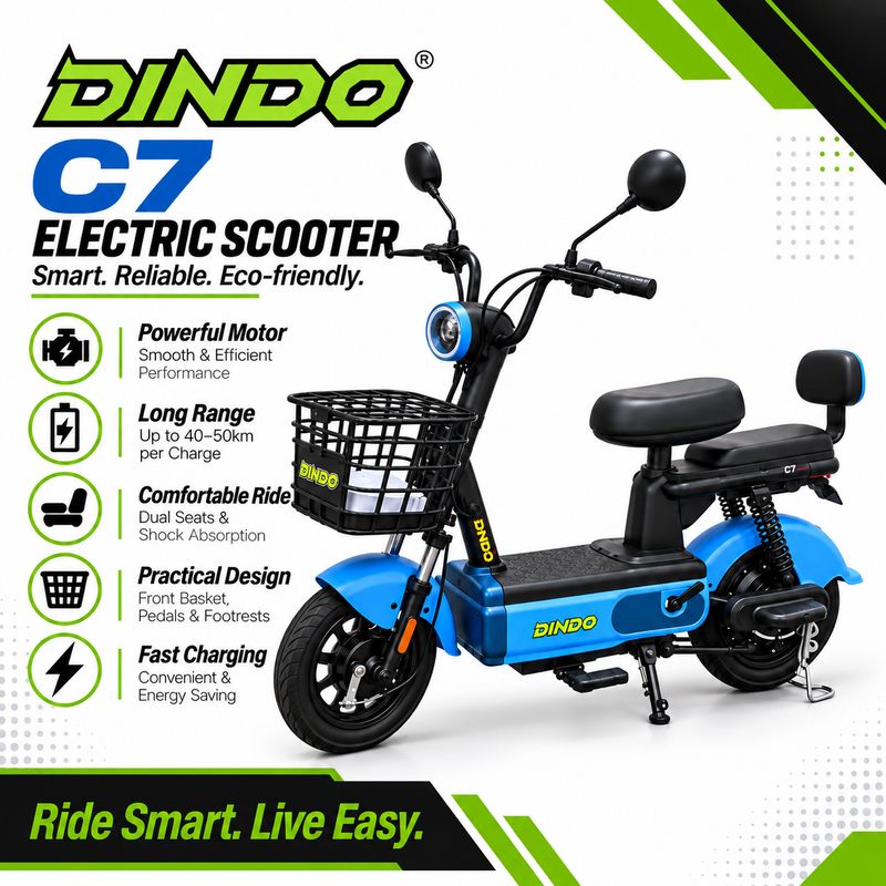 Dindo C7 Electric Scooter with Dual Seat & Front Basket – Blue