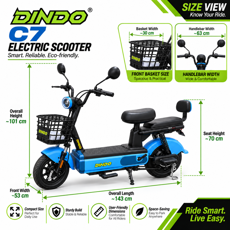 Dindo C7 Electric Scooter with Dual Seat & Front Basket – Blue