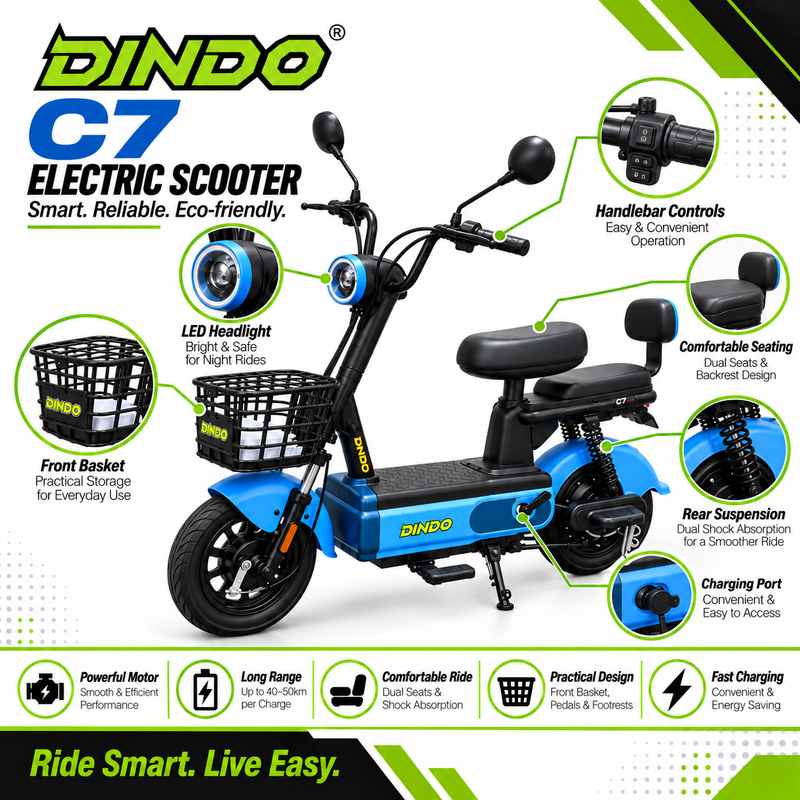 Dindo C7 Electric Scooter with Dual Seat & Front Basket – Blue