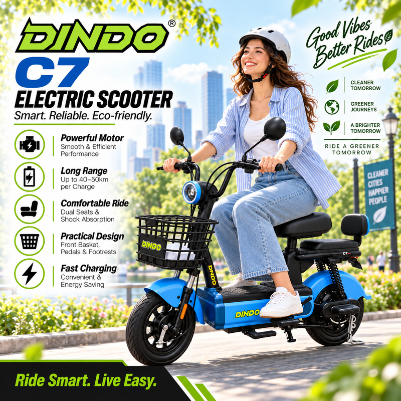 Dindo C7 Electric Scooter with Dual Seat & Front Basket – Blue
