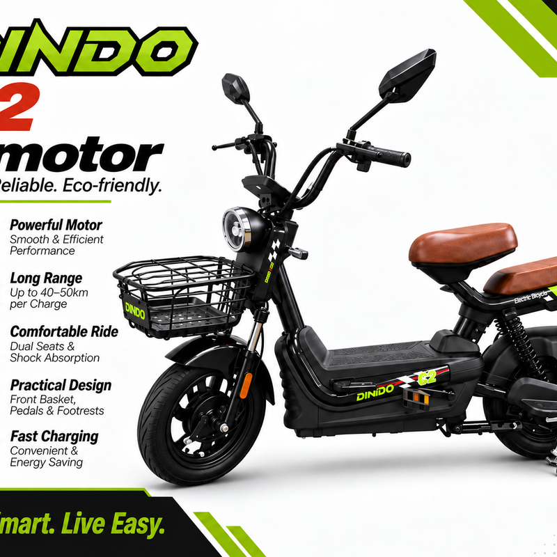 Dindo C2 E-Motor Electric Bike with Dual Seat & Front Basket – Black