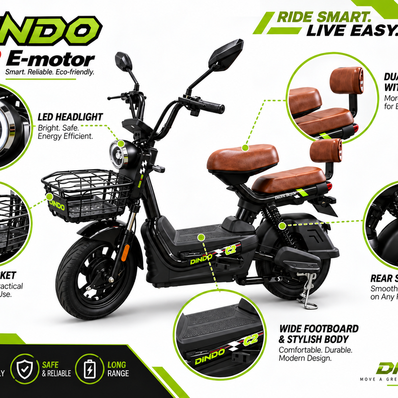 Dindo C2 E-Motor Electric Bike with Dual Seat & Front Basket – Black
