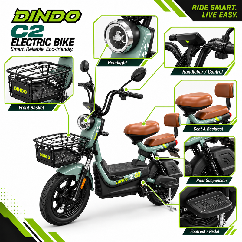 Dindo C2 Electric Bike with Dual Seat & Front Basket – Green