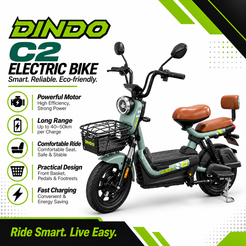 Dindo C2 Electric Bike with Dual Seat & Front Basket – Green