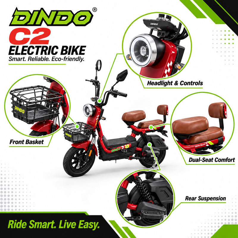 Dindo C2 Electric Bike with Dual Seat & Front Basket – Red