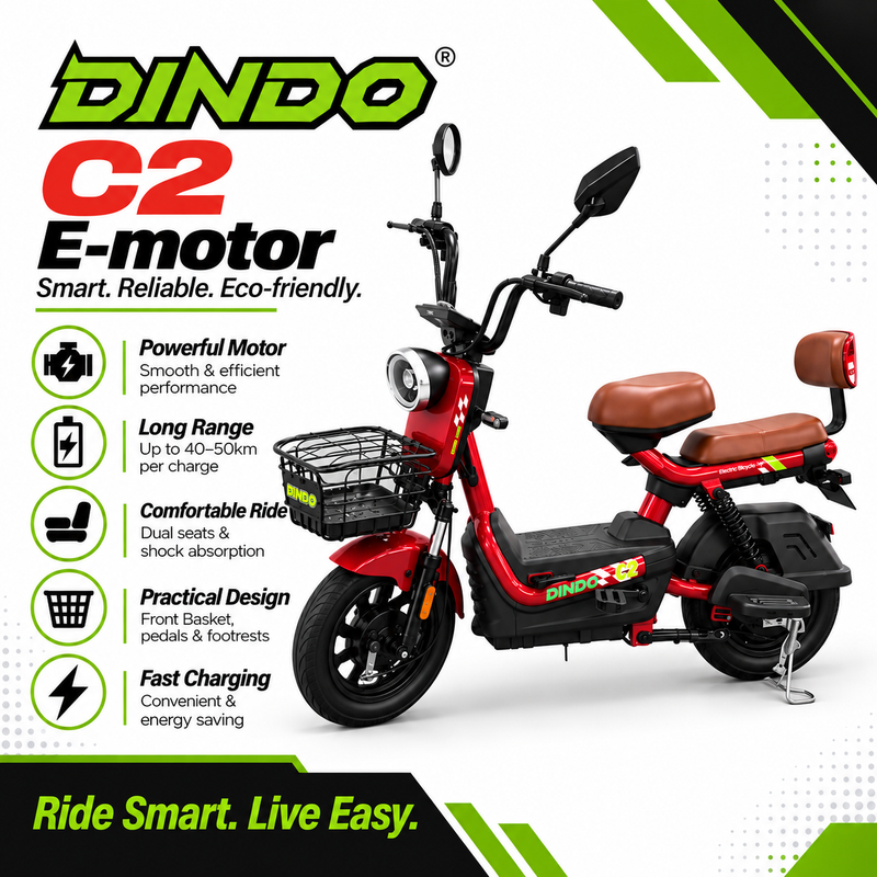 Dindo C2 Electric Bike with Dual Seat & Front Basket – Red