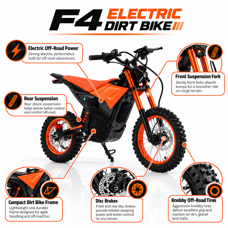 F4 Electric Dirt Bike – 17” Rear / 19” Front Wheel – Orange