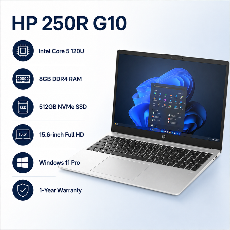 HP 250R G10 15.6-inch FHD Notebook – Intel Core i5 120U – 8GB RAM – 512GB NVMe SSD – Windows 11 Pro