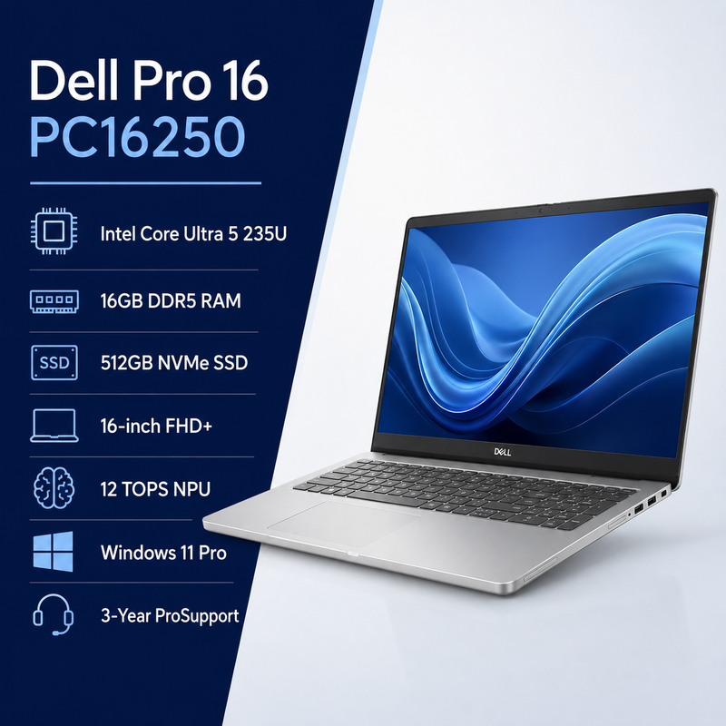 Dell Pro 16 PC16250 16-inch FHD+ AI Notebook – Intel Core Ultra 5 235U – 16GB DDR5 – 512GB NVMe SSD – Windows 11 Pro