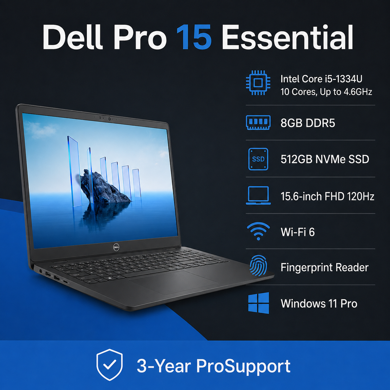 Dell Pro 15 Essential PV15250 15.6-inch FHD 120Hz Laptop – Intel Core i5-1334U, 8GB DDR5, 512GB NVMe SSD, Windows 11 Pro – Carbon Black
