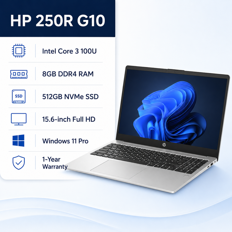 HP 250R G10 15.6-inch FHD Notebook – Intel Core 3 100U – 8GB RAM – 512GB NVMe SSD – Windows 11 Pro
