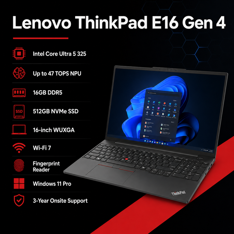 Lenovo ThinkPad E16 Gen 4 16-inch WUXGA Copilot+ Laptop – Intel Core Ultra 5 325, 16GB DDR5, 512GB NVMe SSD, Windows 11 Pro