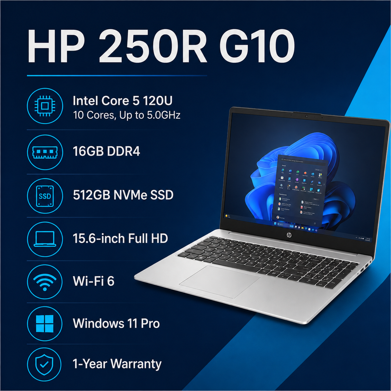 HP 250R G10 15.6-inch FHD Business Laptop – Intel Core 5 120U, 16GB DDR4, 512GB NVMe SSD, Windows 11 Pro – Turbo Silver