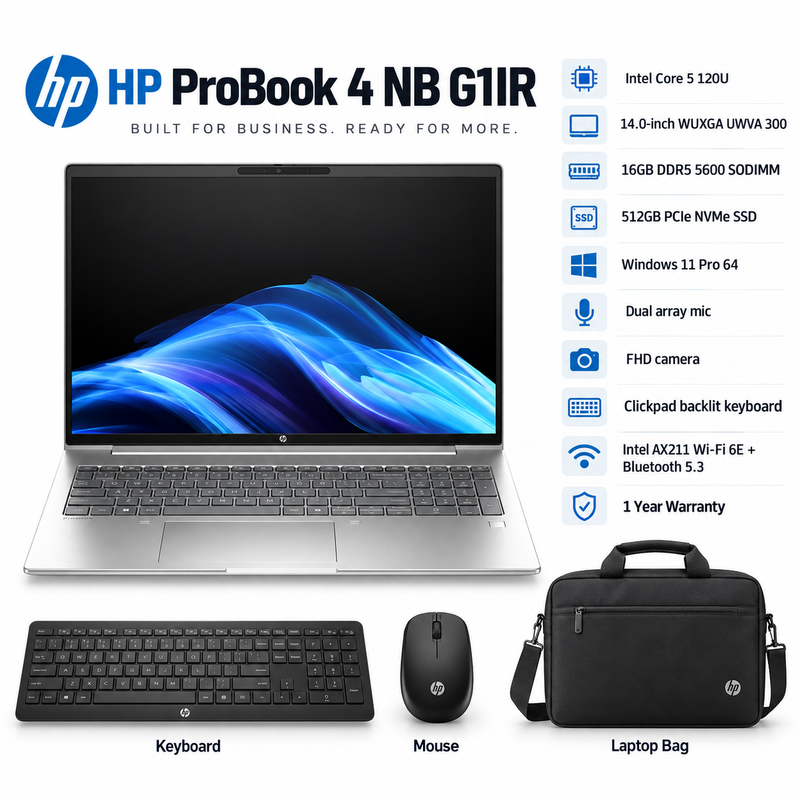 HP ProBook 4 G1iR Core 5 120U 16GB 512GB SSD 14” WUXGA Laptop