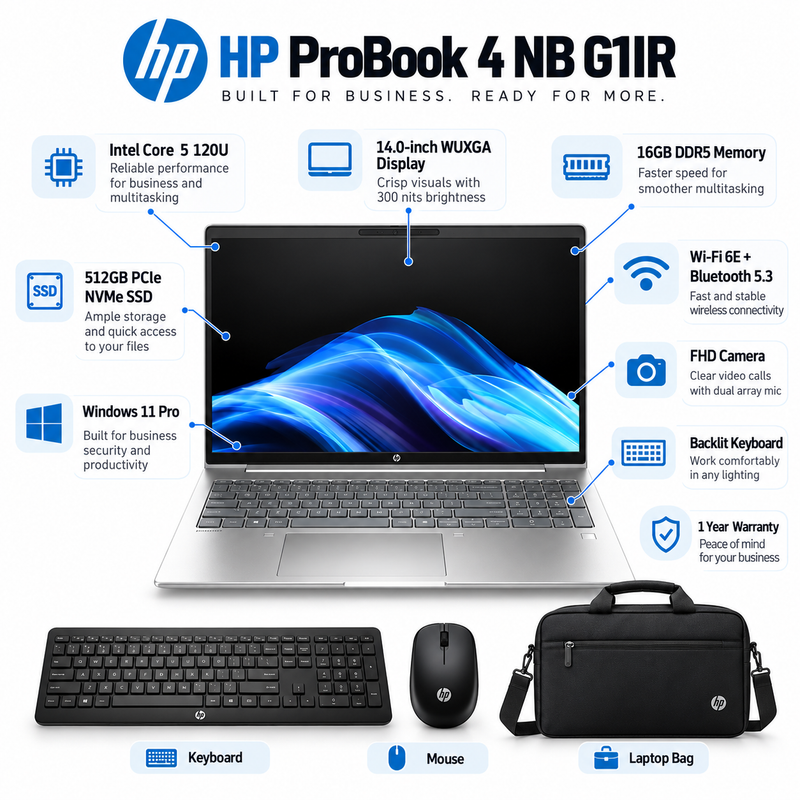 HP ProBook 4 G1iR Core 5 120U 16GB 512GB SSD 14” WUXGA Laptop