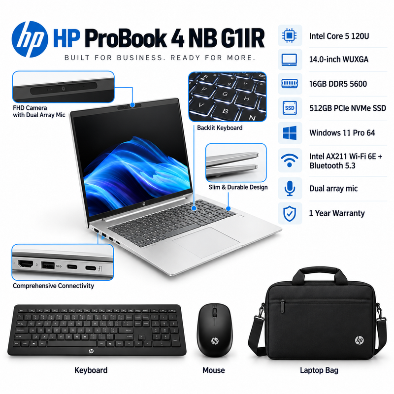 HP ProBook 4 G1iR Core 5 120U 16GB 512GB SSD 14” WUXGA Laptop