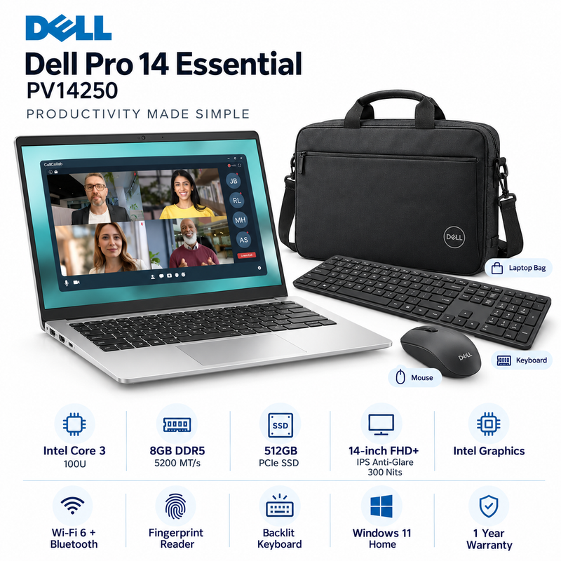 Dell Pro 14 Essential PV14250 Core 3 100U 8GB 512GB SSD 14” FHD+ Laptop – Platinum Silver