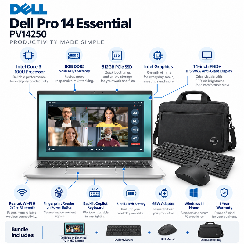 Dell Pro 14 Essential PV14250 Core 3 100U 8GB 512GB SSD 14” FHD+ Laptop – Platinum Silver