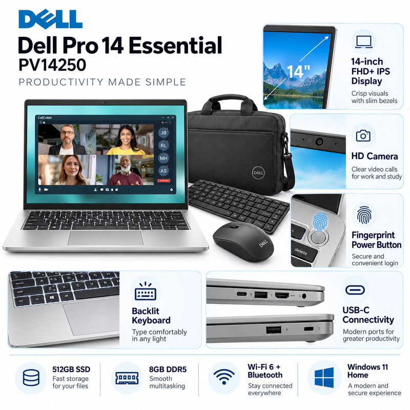 Dell Pro 14 Essential PV14250 Core 3 100U 8GB 512GB SSD 14” FHD+ Laptop – Platinum Silver