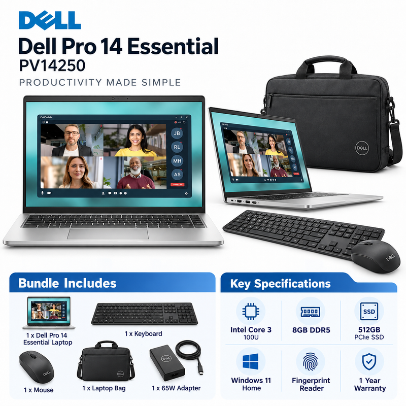 Dell Pro 14 Essential PV14250 Core 3 100U 8GB 512GB SSD 14” FHD+ Laptop – Platinum Silver