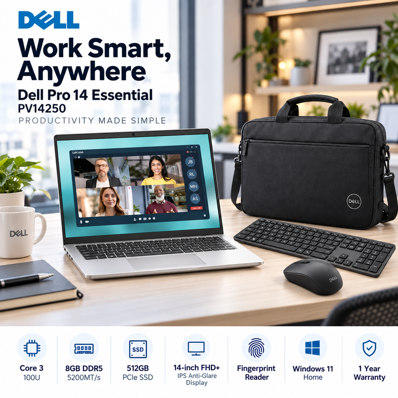 Dell Pro 14 Essential PV14250 Core 3 100U 8GB 512GB SSD 14” FHD+ Laptop – Platinum Silver