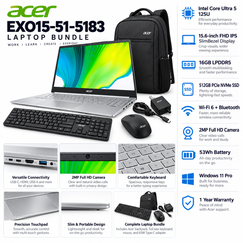Acer EXO15-51-5183 Core Ultra 5 125U 16GB 512GB SSD 15.6” FHD Laptop