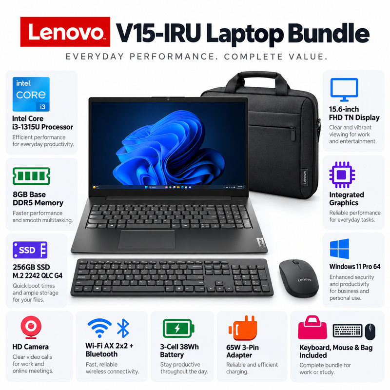 Lenovo V15-IRU Core i3-1315U 8GB 256GB SSD 15.6” FHD Laptop Bundle