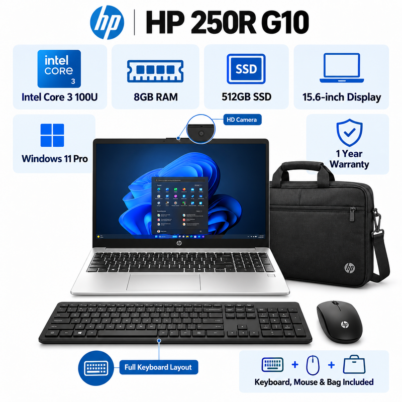 HP 250R G10 Core 3 100U 8GB 512GB SSD 15.6” Laptop – Silver
