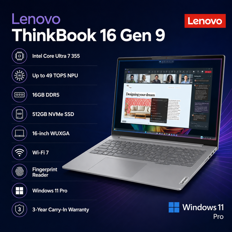 Lenovo ThinkBook 16 Gen 9 16-inch WUXGA Copilot+ Laptop – Intel Core Ultra 7 355, 16GB DDR5, 512GB NVMe SSD, Windows 11 Pro