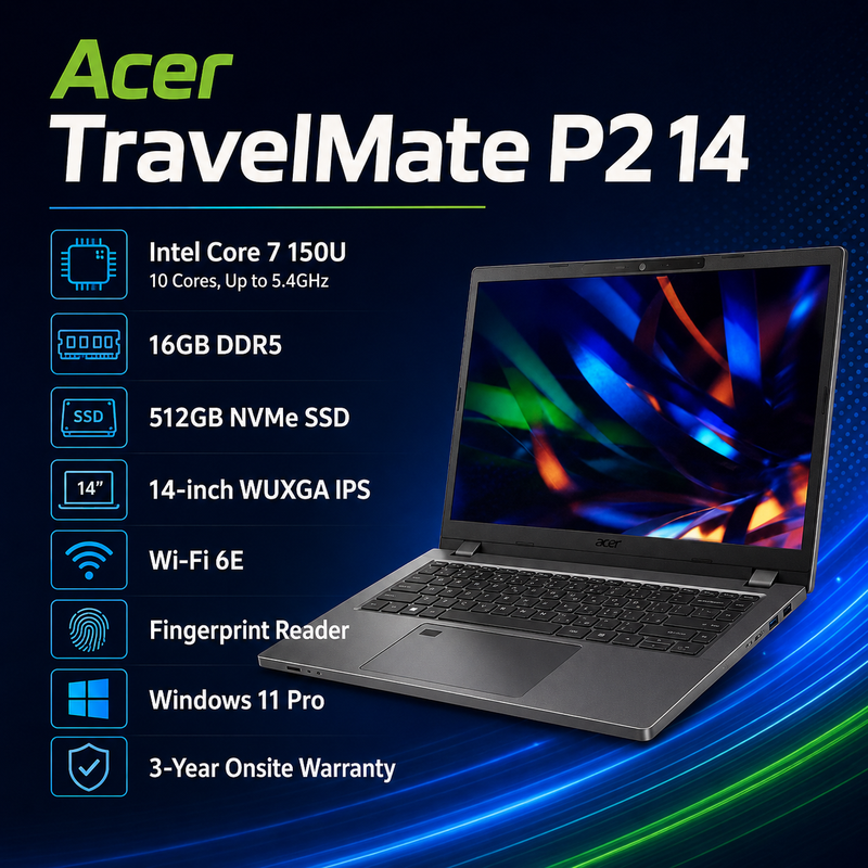 Acer TravelMate P2 14 TMP214-55-G2 14-inch WUXGA Business Laptop – Intel Core 7 150U, 16GB DDR5, 512GB NVMe SSD, Windows 11 Pro