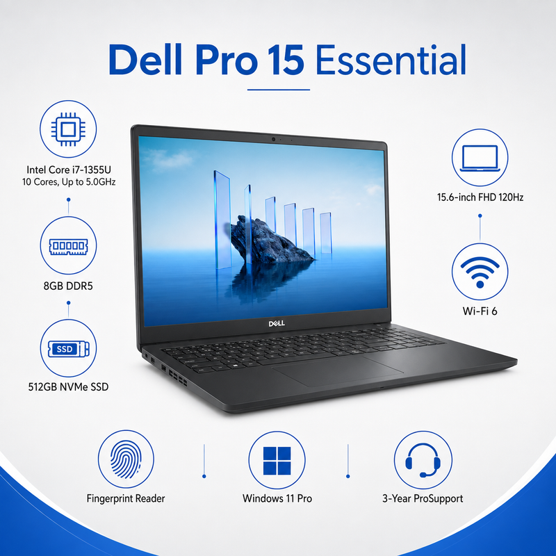 Dell Pro 15 Essential PV15250 15.6-inch FHD 120Hz Laptop – Intel Core i7-1355U, 8GB DDR5, 512GB NVMe SSD, Windows 11 Pro