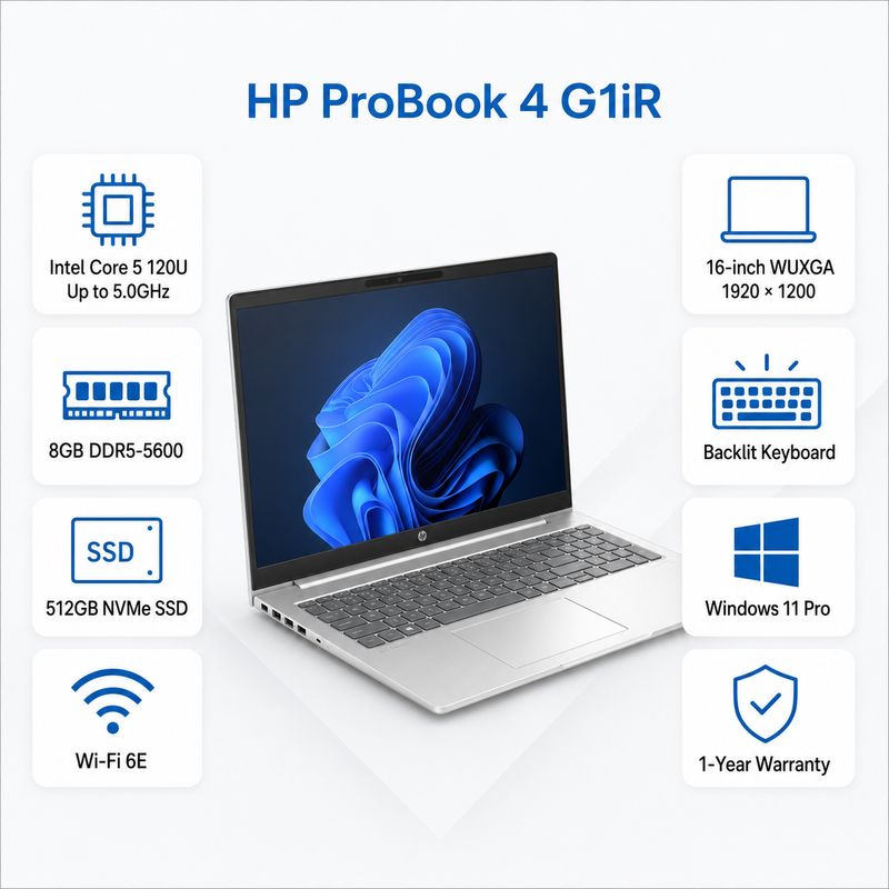 HP ProBook 4 G1iR 16-inch WUXGA Notebook – Intel Core 5 120U, 8GB DDR5, 512GB SSD, Windows 11 Pro, Silver