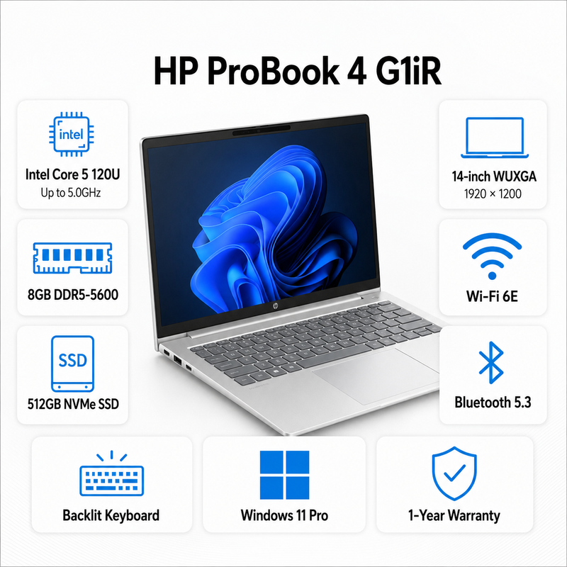HP ProBook 4 G1iR 14-inch WUXGA Notebook – Intel Core 5 120U, 8GB DDR5, 512GB SSD, Windows 11 Pro, Pike Silver