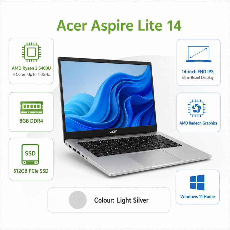 Acer Aspire Lite 14 – AMD Ryzen 3 5400U, 8GB RAM, 512GB SSD, 14-inch Full HD IPS, Windows 11 Home