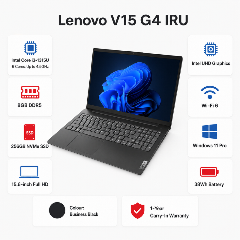 Lenovo V15 G4 IRU 15.6-inch FHD Notebook – Intel Core i3-1315U, 8GB DDR5, 256GB SSD, Windows 11 Pro