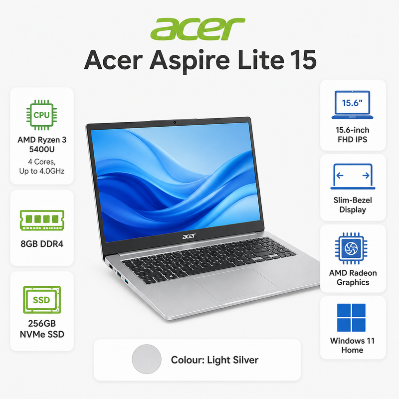 Acer Aspire Lite 15 – AMD Ryzen 3 5400U, 8GB RAM, 256GB SSD, 15.6-inch FHD IPS, Windows 11 Home