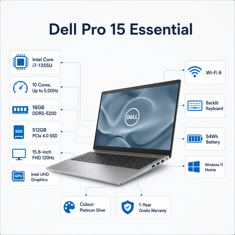 Dell Pro 15 Essential PV15250 15.6-inch FHD Notebook – Intel Core i7-1355U, 16GB DDR5, 512GB SSD, Windows 11 Home, Platinum Silver