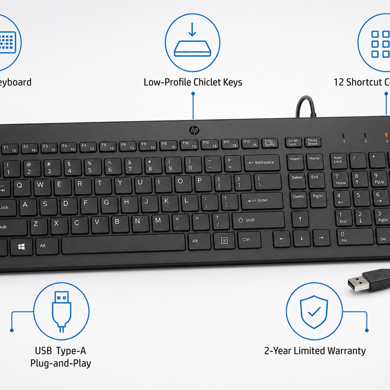 HP 150 Wired Full-Size USB Keyboard – Black
