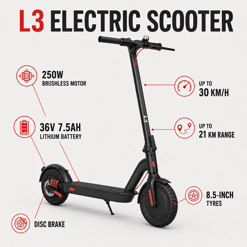 L3 Electric Scooter – 250W Brushless Motor, 36V Lithium Battery, Up to 30 km/h