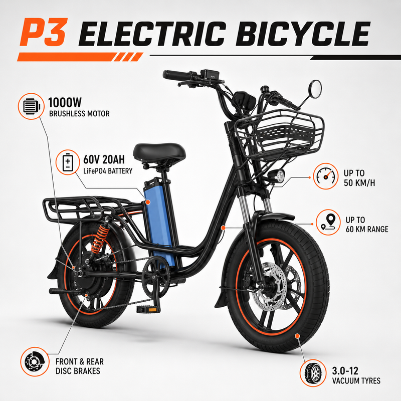 P3 Long-Range Electric Bicycle – 1000W Motor, 60V 20Ah LiFePO₄ Battery