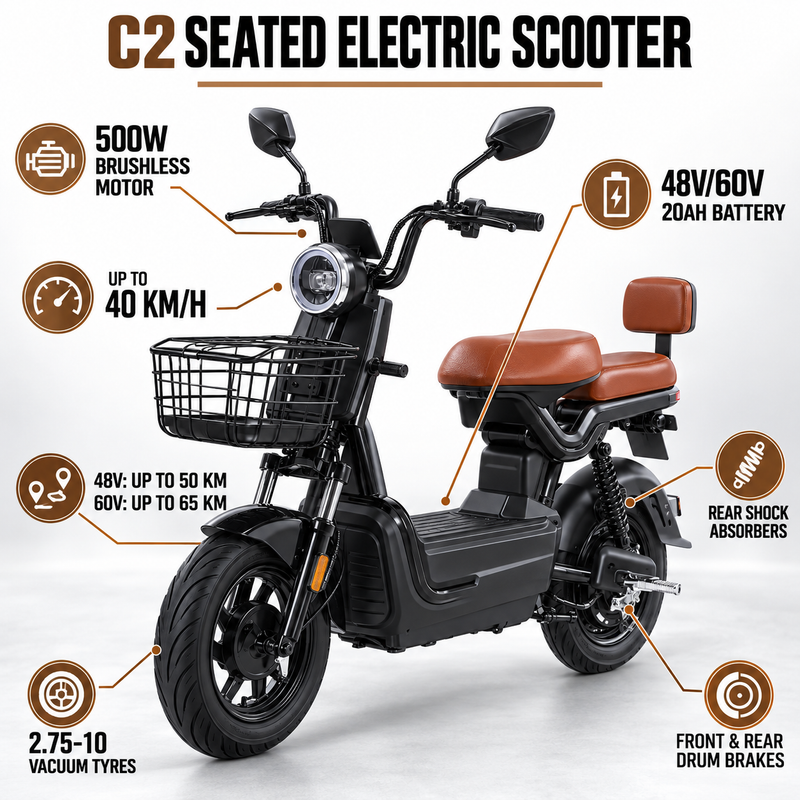 C2 Long-Range Seated Electric Scooter – 500W Motor, 48V/60V Battery