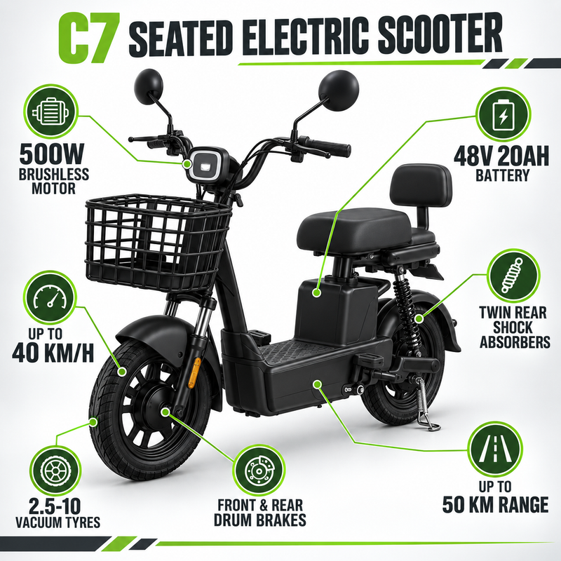C7 Seated Electric Scooter – 500W Motor, 48V 20Ah Battery