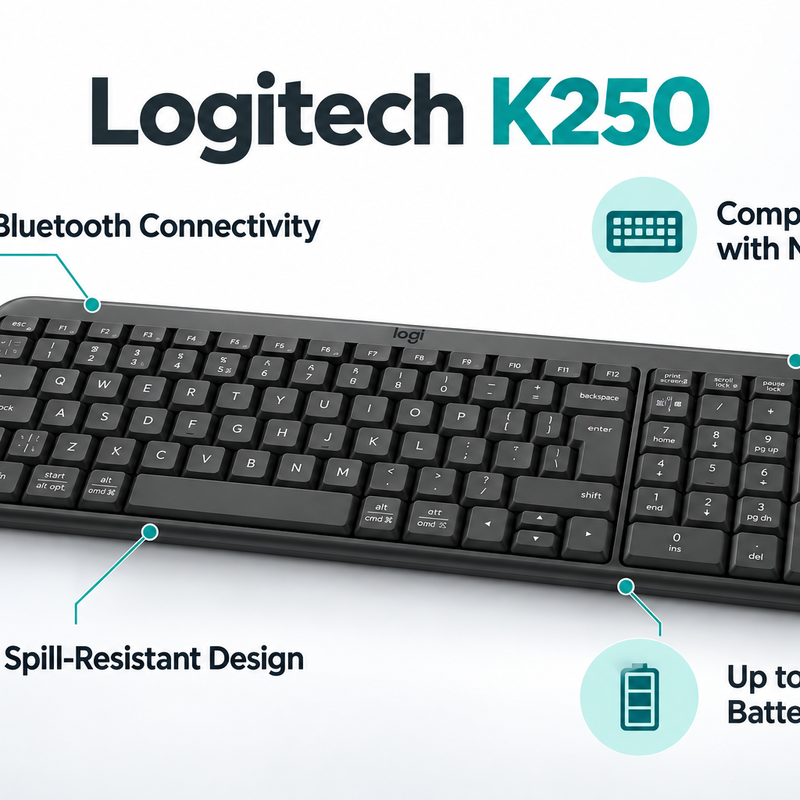 Logitech K250 Compact Bluetooth Wireless Keyboard with Numeric Keypad