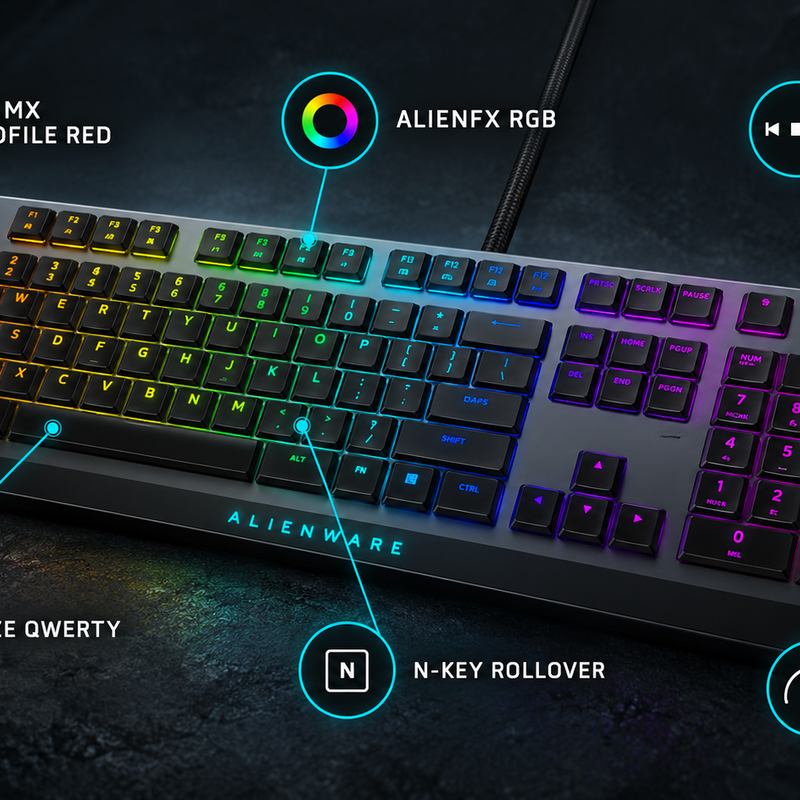 Dell Alienware AW510K Low-Profile RGB Mechanical Gaming Keyboard – Cherry MX Red, US International QWERTY – Dark Side of the Moon
